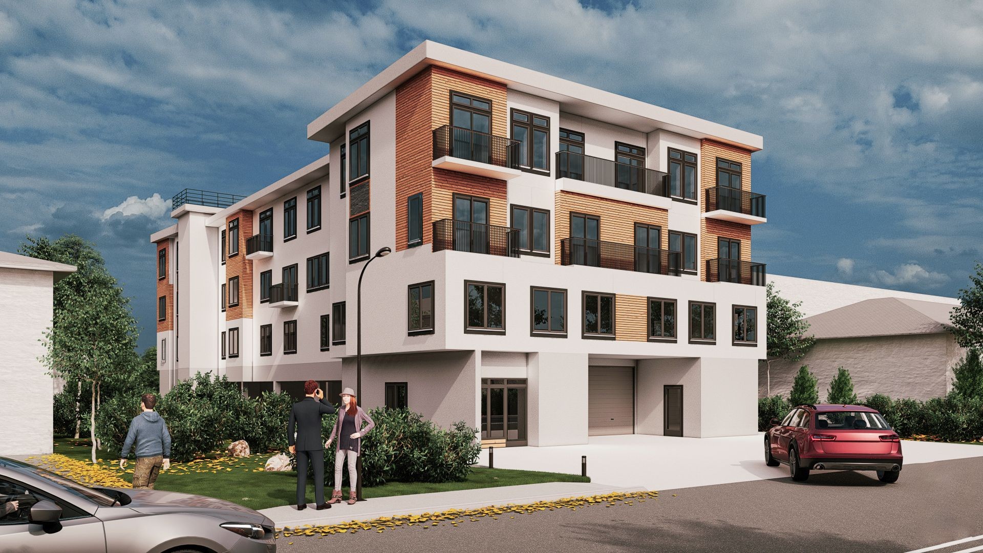 Architectural visualization of Northeast 60th Luxe, showcasing the contemporary energy efficient multi-family residence with stylish wood paneling accents, designed for sustainable urban living by Luxe Living Homes.