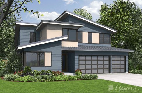 Architectural rendering of the Northwest 23rd Luxe project, a modern two-story net zero energy home with eco-friendly design and landscaped garden by Luxe Living Homes.