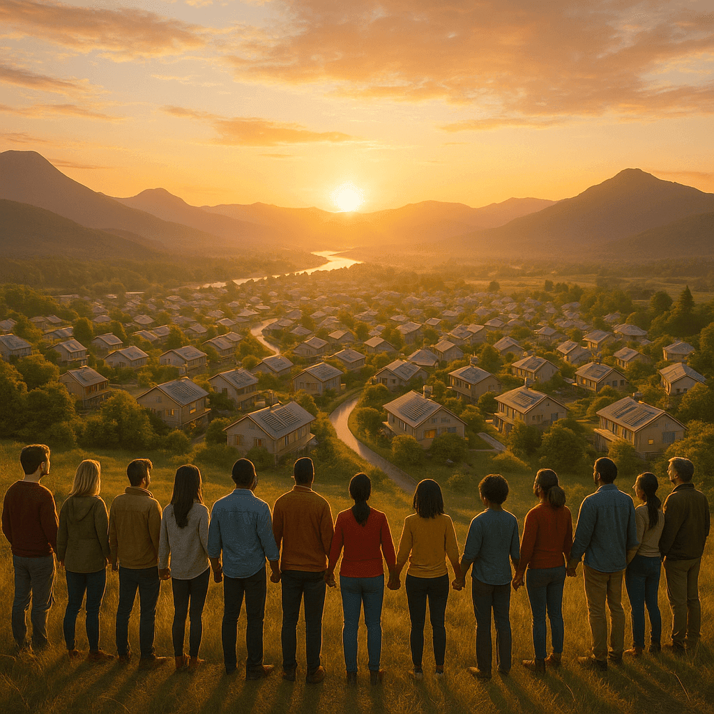 Diverse group of investors overlooking a valley of solar-powered net zero homes at sunrise, symbolizing Luxe Living Homes' clean energy real estate platform