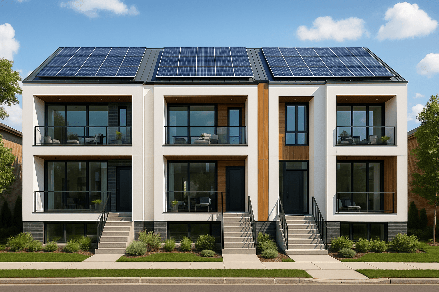 Contemporary net zero triplex with rooftop solar panels, developed by Luxe Living Homes as part of a sustainable real estate portfolio