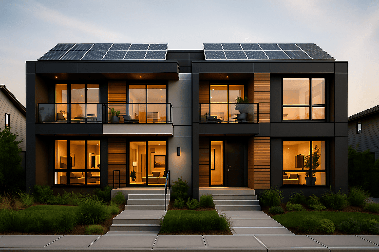 Modern net zero duplex with rooftop solar panels at sunset, part of Luxe Living Homes' clean energy real estate portfolio