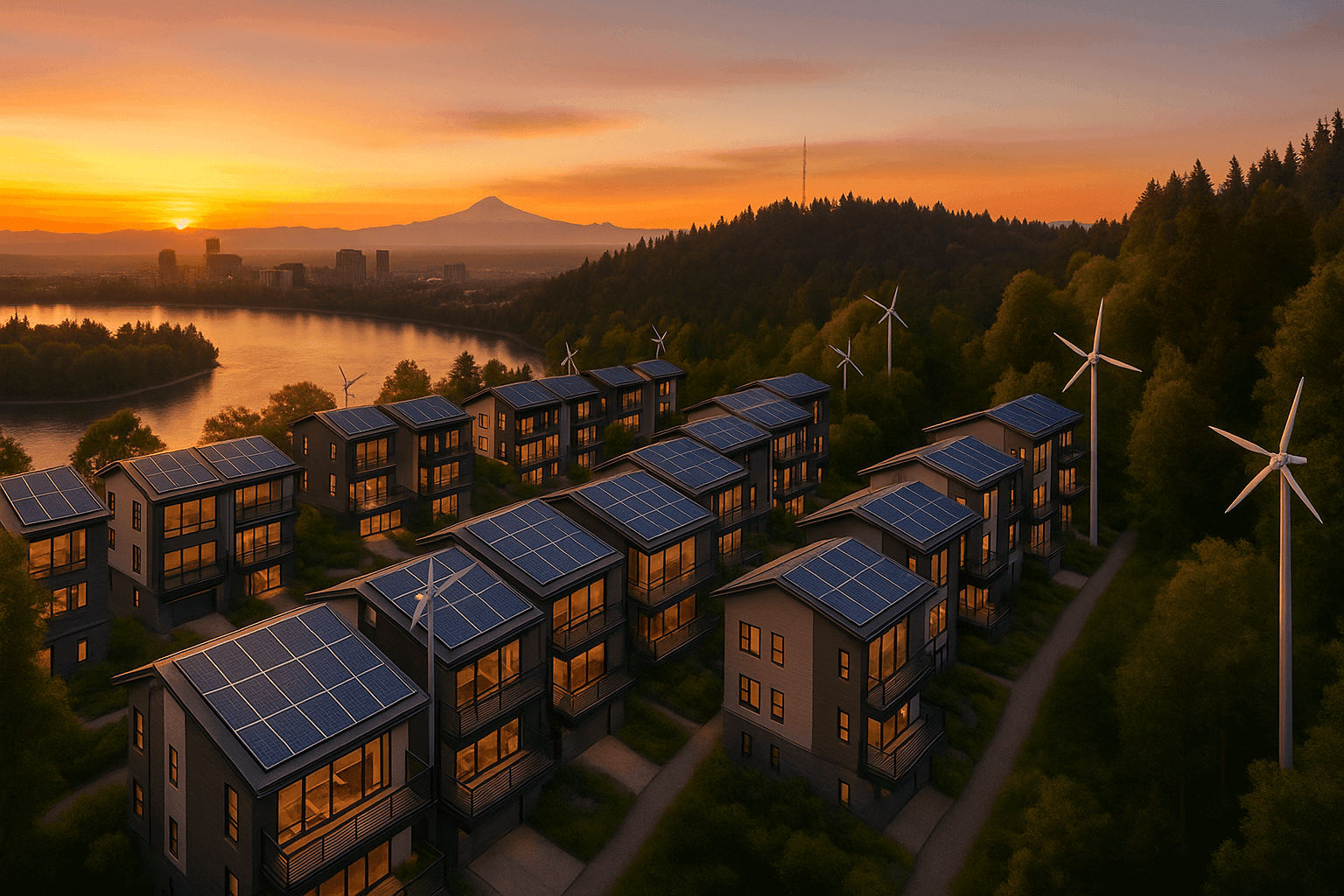 Viewpoint Terrace, a 198-unit Class A net zero community with rooftop solar panels and wind turbines at sunset in Oregon, developed by Luxe Living Homes